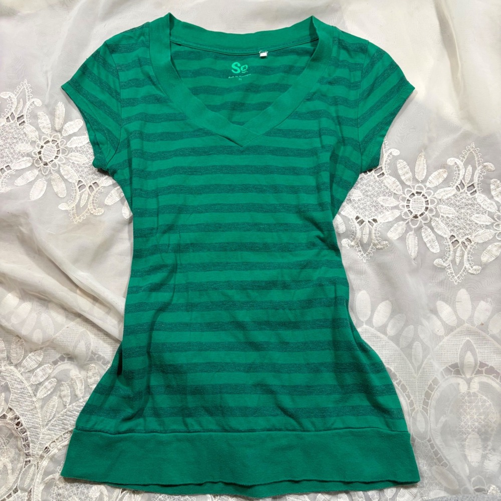 Y2K Preppy SO Green Striped V-Neck T-Shirt Short Sleeve Casual Top